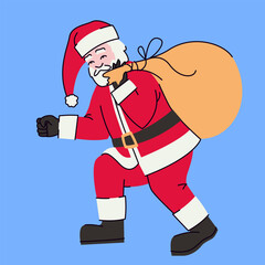 Santa Claus carrying bag of gifts. Christmas character in doodle style.