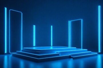 Neon light blue podium on blue background