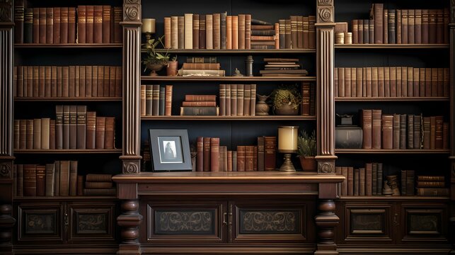 Vintage Library Room with Books on the Bookshelf