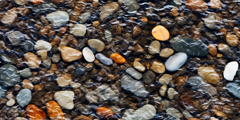River rocks or stones in a small creek or stream with water flowing. Seamless tiled pattern. Naturally polished and rounded river pebbles create a repeating background texture.