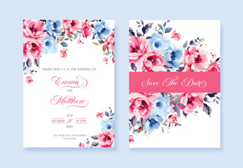 Fototapeta na wymiar Wedding vector floral invitation and Save The Date cards watercolor design set: garden flower pink and blue Rose flowers.