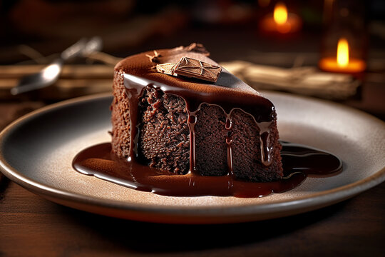 Slice of chocolate mud cake with chocolate glaze 