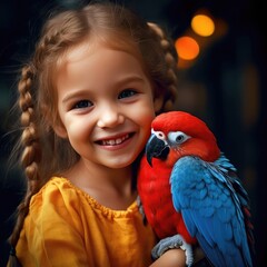 Little smiling girl holding a parrot