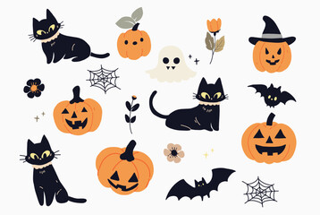 Halloween set cute cartoon freehand drawing flat design.