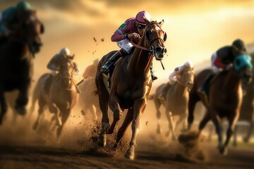 The image depicts horse racing, betting on equestrian sports, equestrians, and many horses competing in a race against the backdrop of the sunset.

 Generative AI
