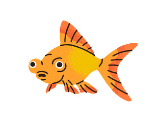 Cute gold fish with big eyes. Funny little goldfish swimming. Exotic tropical aquarium animal, decorative creature. Surprised shocked emotion. Flat vector illustration isolated on white background