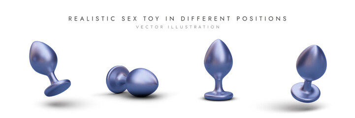 Set of classic butt plugs in different positions. Silver toy from sex shop. Accessory for adult games. Stimulation of anus, narrowing of vagina. Isolated image on white background