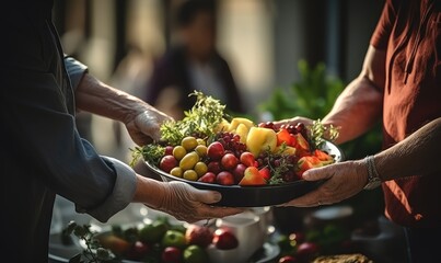 people giving fruits and vegetables to homeless people . Generative AI - obrazy, fototapety, plakaty