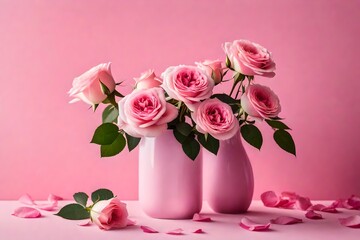 Pink roses in a vase on a pink background.