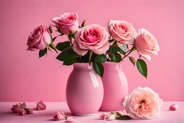 Pink roses in a vase on a pink background.