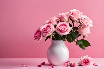 Pink roses in a vase on a pink background.