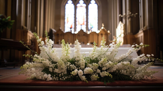 Generative AI, white flowers lie on the coffin in the temple, funeral ceremony, farewell to the deceased, christian catholic church, grave wreath, death, grief, space for text