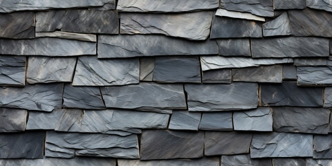 Slate stone roof in a seamless tiled pattern. Flat grey stone slabs create a repeating background texture. - obrazy, fototapety, plakaty