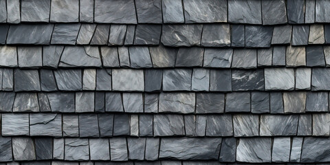 Slate stone roof in a seamless tiled pattern. Flat grey stone slabs create a repeating background texture.