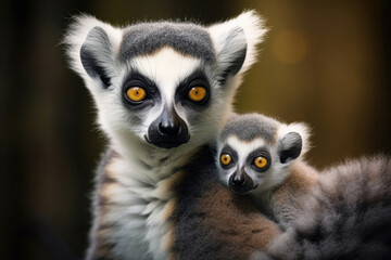 Lemur baby with mother - obrazy, fototapety, plakaty