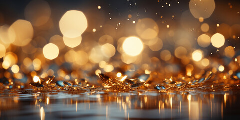 Festive celebration of the holiday Christmas, New Year, New Year banner background template - Abstract shiny bokeh texture with fire. silver and gold. Unfocused background. Brilliance