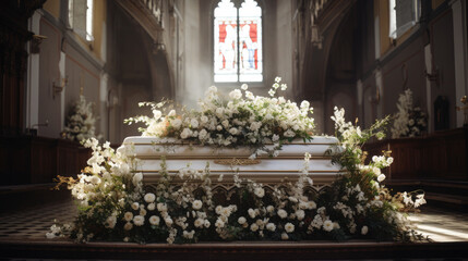 Generative AI, white flowers lie on the coffin in the temple, funeral ceremony, farewell to the deceased, christian catholic church, grave wreath, death, grief, space for text