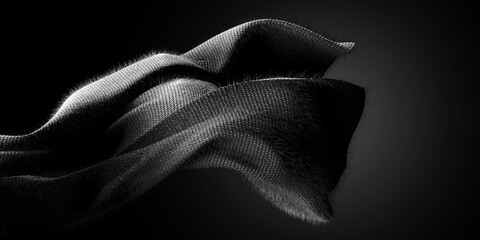 Black soft fur fabric design element. 3d rendering fuzz cloth material flying in the wind. Waving...