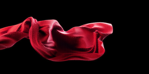 red soft fur fabric sdesign element, 3d rendering fuzz cloth material flying in the wind. Waving fur cloth isolated on black background. text space.  Web article template