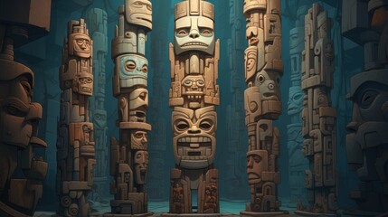 Towering totem of ancient artifacts reflecting the evolution of knowledge | generative AI - obrazy, fototapety, plakaty