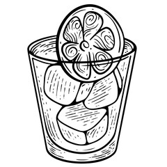 Drink cocktail with ice cubes and orange slice vector art illustration