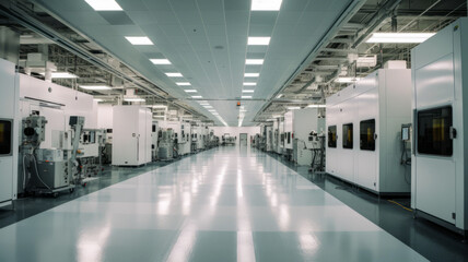 a clean, brightly lit semiconductor fab floor with lots of large white machines .generative ai