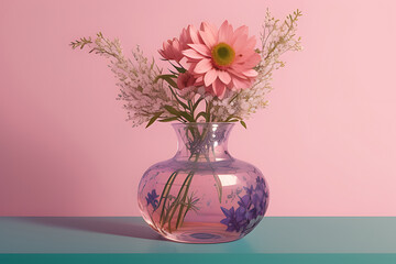 Cute Flowers in a Glass Vase on Pink Background