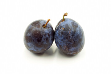 Two violet plums on a white background