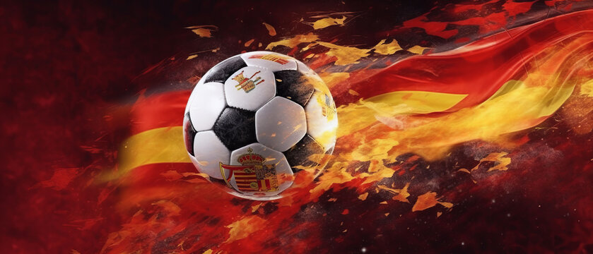 Create a theme with the spain flag in the background and a soccer ball in front of it..generative ai