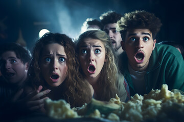 Young people get scared while watching movie at cinema ai generated art