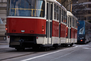 Naklejka premium Tram public transportation in Praha, Czech republic.