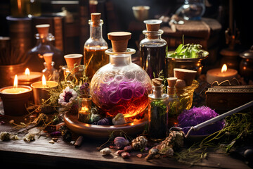 Obraz na płótnie Canvas Magic flasks full with colorful potion ai generated art