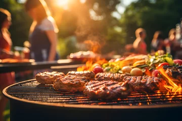 Tuinposter Flame grill with burgers and steak - BBQ meat ai generated art.  © Tsanko