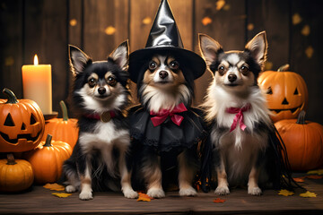 Three dogs dressed for Halloween stand stood looking at camera ai generated art