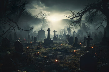 Halloween night scene with cemetery with graves in backdrop ai generated art