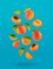 Ripe orange apricot, pink side, green leaves as flow fly or fall as art composition. Whole, half,...