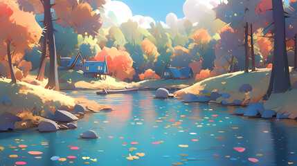 3d cartoon style lake forest