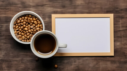 Coffee cup with blank picture frame. Coffee day concept. Generative ai
