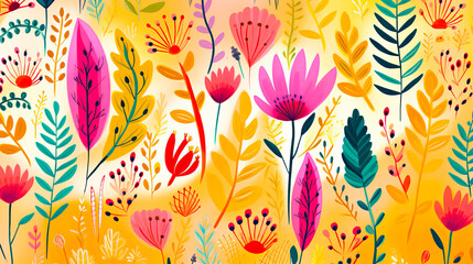 Floral art collage with modern exotic and retro-style colors and shapes. For wall art, covers, interior decoration, and backgrounds.