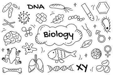 Line set Biology in cartoon style. Black and white illustration set with intricate line designs, focused on biology themes, perfect for educational and creative design projects. Vector illustration.