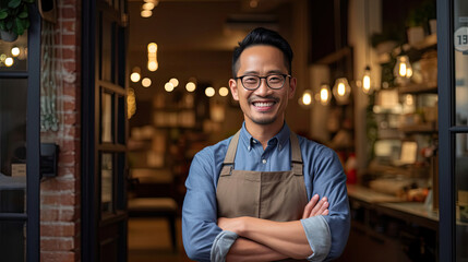 Asian male small business owner smiling at front door with arms folded. Generative Ai