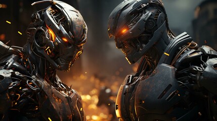 Fight of two futuristic robots with metal details