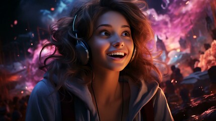 Naklejka premium A girl in headphones rejoices and laughs while playing computer online games. The concept of joy from computer games, streaming