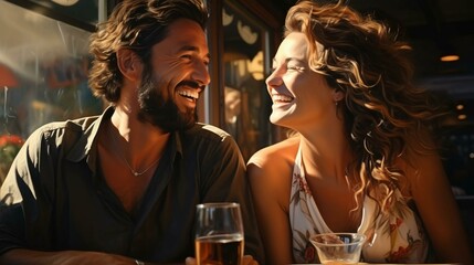 A man and a woman are sitting relaxing in a bar and laughing and smiling on a date