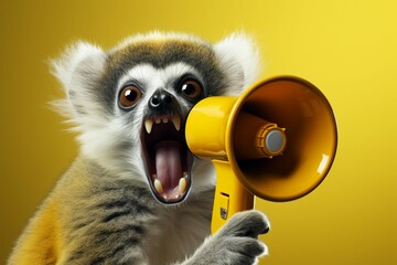 Fototapeta premium A creative concept, a hilarious lemur wields a yellow attention grabbing loudspeaker