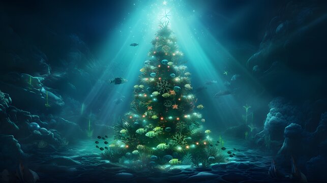 Decorated New Year's tree under water. Christmas concept. Happy New year card. 