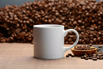 Cup of coffee and coffee beans on table. Coffee day concept. Generative ai