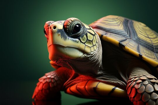 A high res image of a wise green turtle on a vivid red backdrop