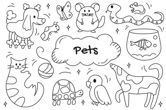 Line set Pets in cartoon design. Set of captivating black and white pet illustrations, thoughtfully designed with lines to depict the lovable nature of a variety of pets. Vector illustration.