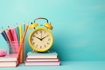 Top view of school supplies, colorful stationary on green background. Back to school concept. Flat lay